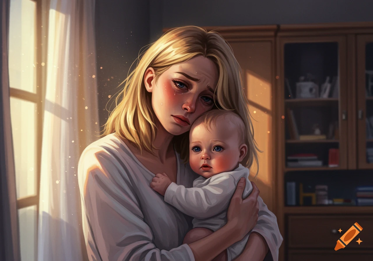 A tired, sad blonde mother with tears holds her baby in a warm, illustrative indoor scene.