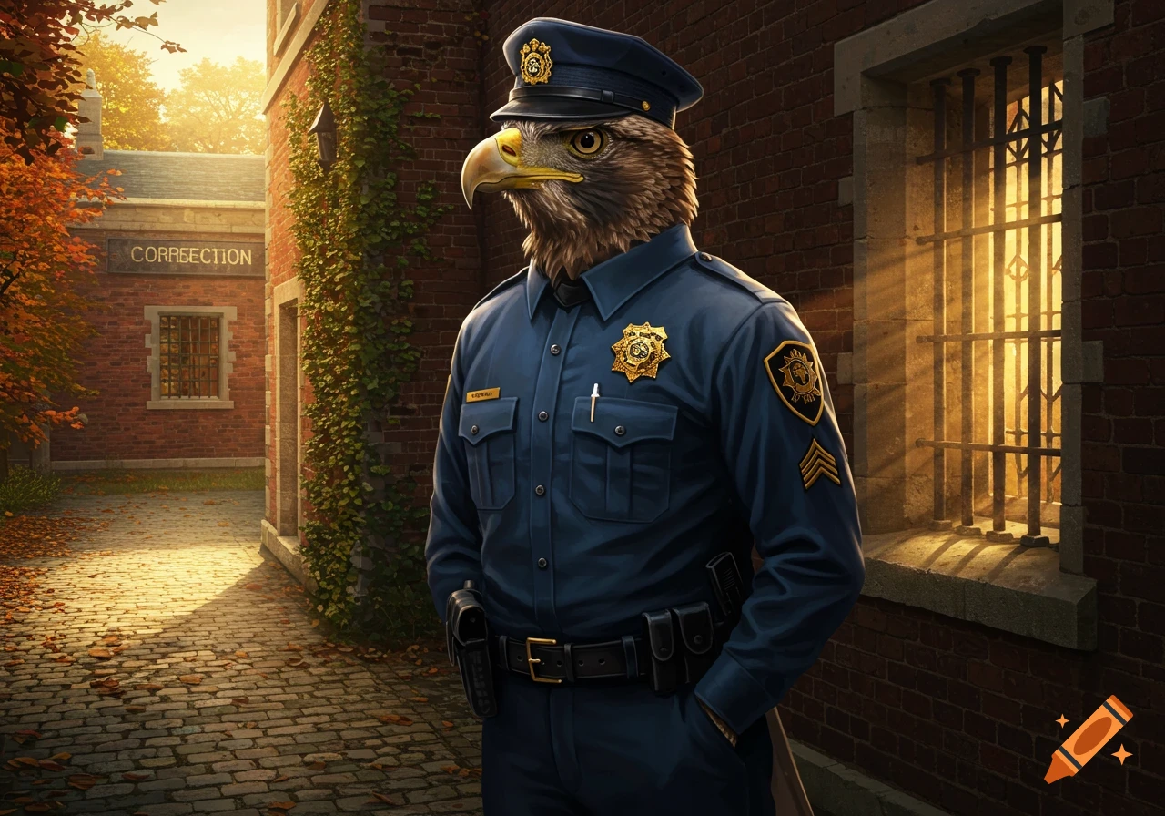An anthropomorphic eagle-headed corrections officer in a blue uniform stands on a cobblestone path outside a brick building with a "CORRECTION" sign.