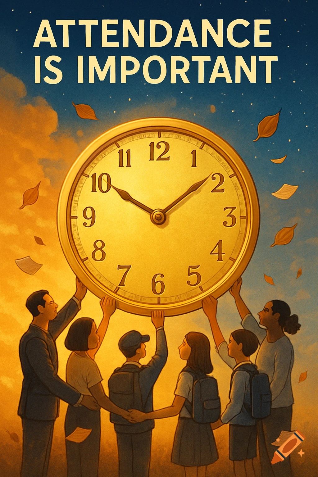 Stylized illustration of diverse people holding up a large golden clock under a sky, with text 'ATTENDANCE IS IMPORTANT'.