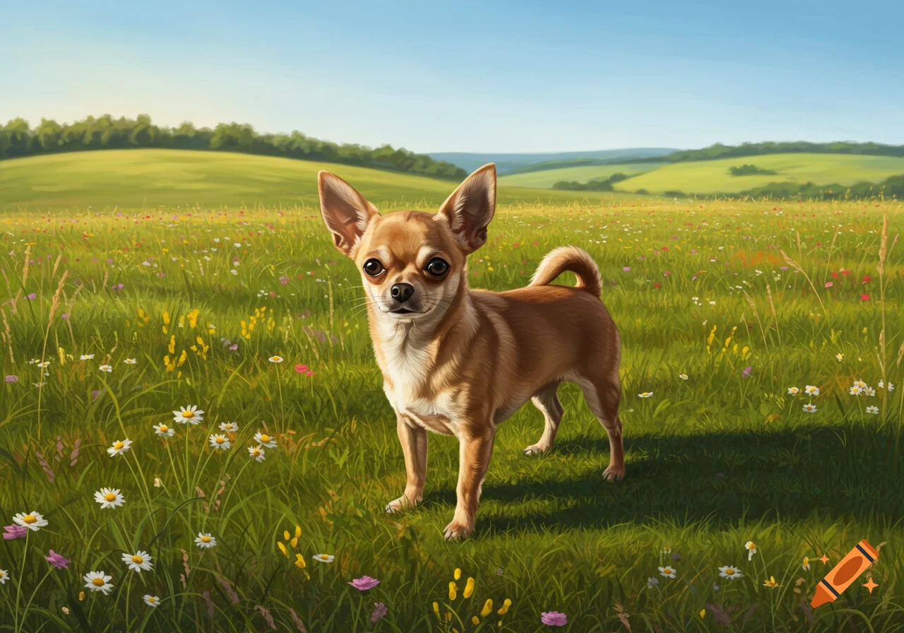 A small, tan chihuahua dog stands in a vibrant green field filled with colorful wildflowers under a clear blue sky.