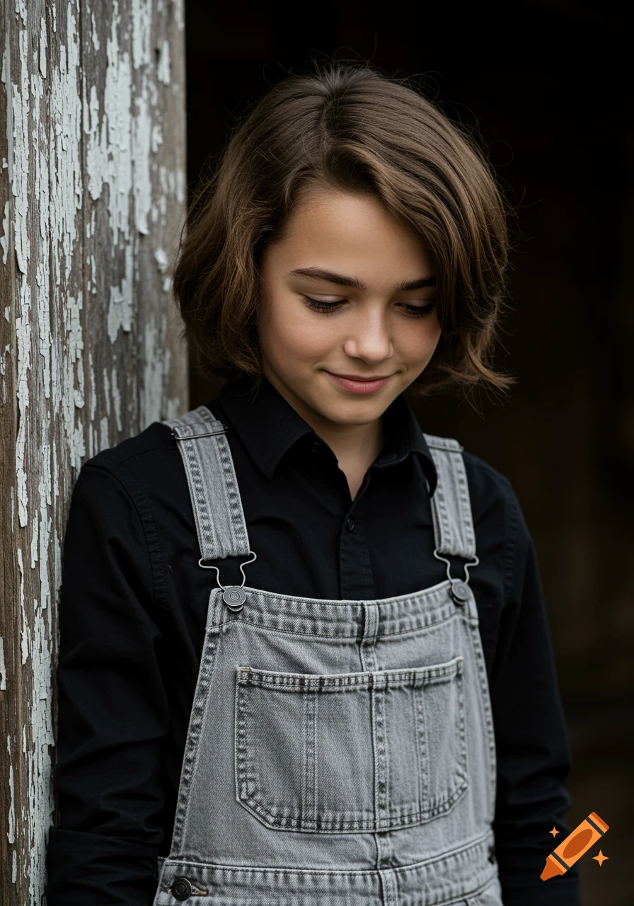 Close-up portrait of a young boy in denim overalls, smiling softly, standing next to a weathered wooden wall. Realistic photographic style.