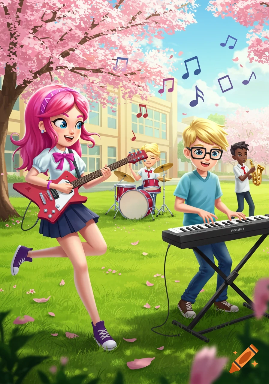 Cartoon students play instruments under cherry blossom trees in front of a school.