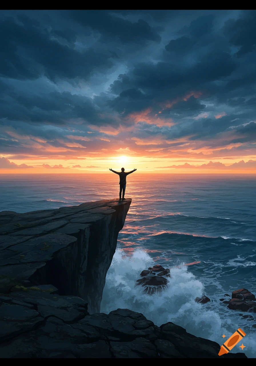 Silhouette on a cliff, arms outstretched, admiring a vibrant sunset over a turbulent ocean.