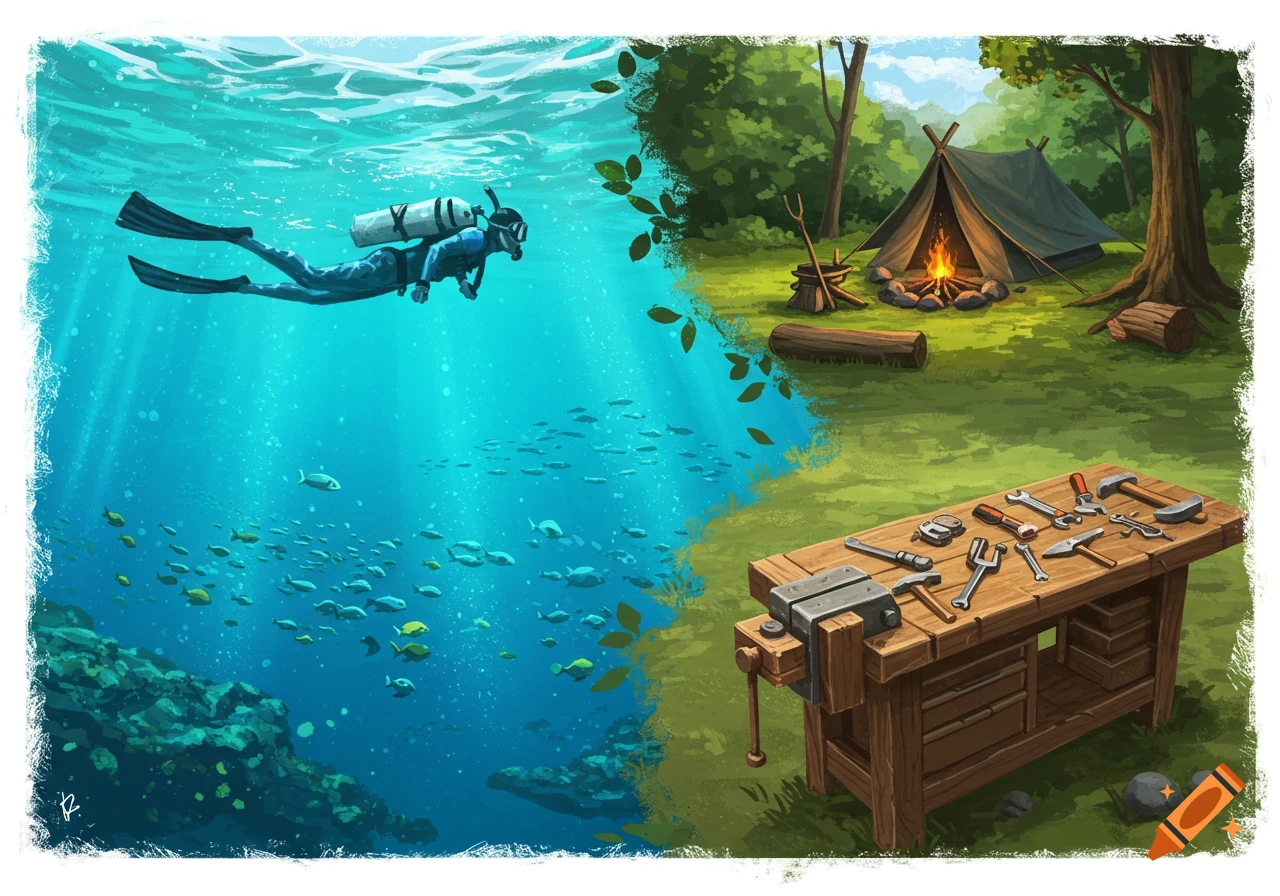 Illustrative split scene with a scuba diver underwater and a campsite with a tent and workbench.