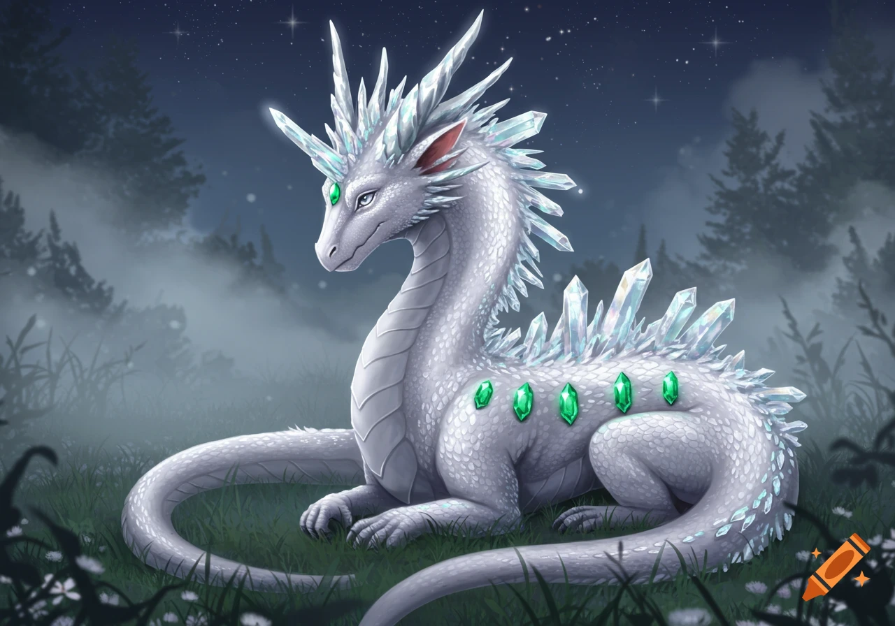A silvery-white crystal dragon with green gems lies in misty grass under a starry night sky.