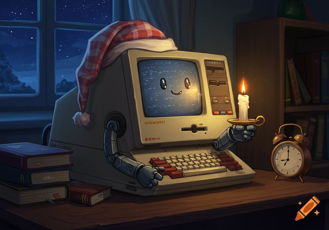 An anthropomorphic retro computer with a smiley face and a red plaid nightcap holds a lit candle on a desk at night.
