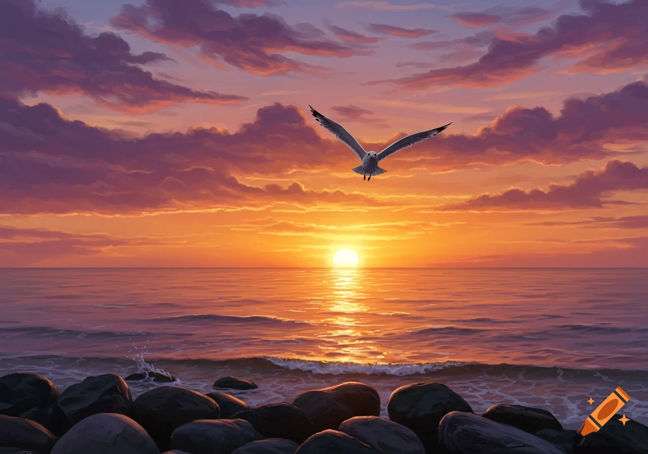 Painterly sunset over a calm ocean with a seagull flying in the vibrant sky, dark rocks in the foreground.