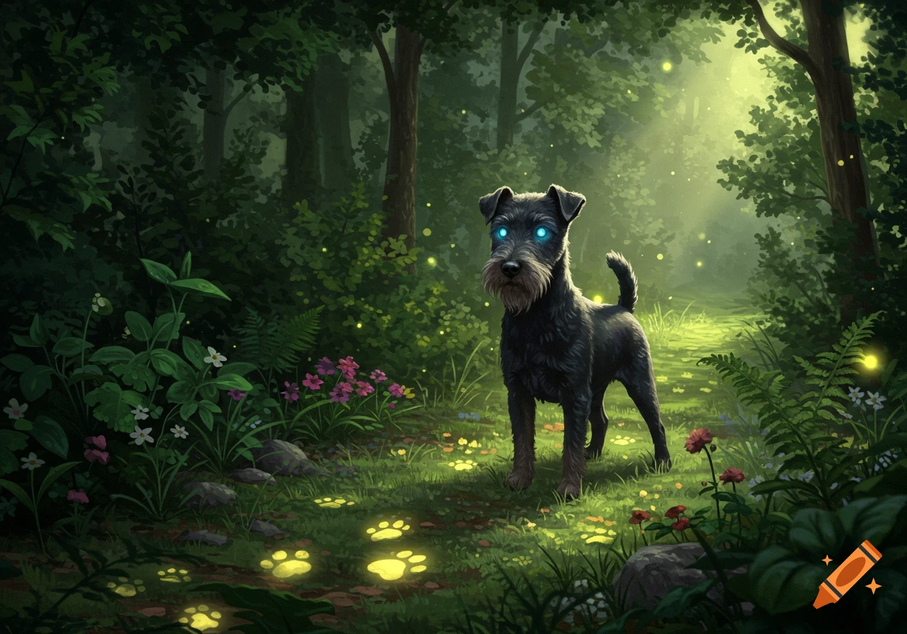 Black terrier with glowing blue eyes on a magical forest path with glowing paw prints.