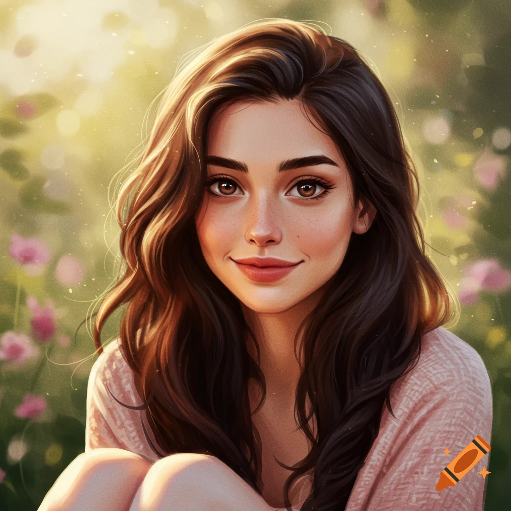 A smiling young woman with long brown hair and freckles in a sunlit garden.