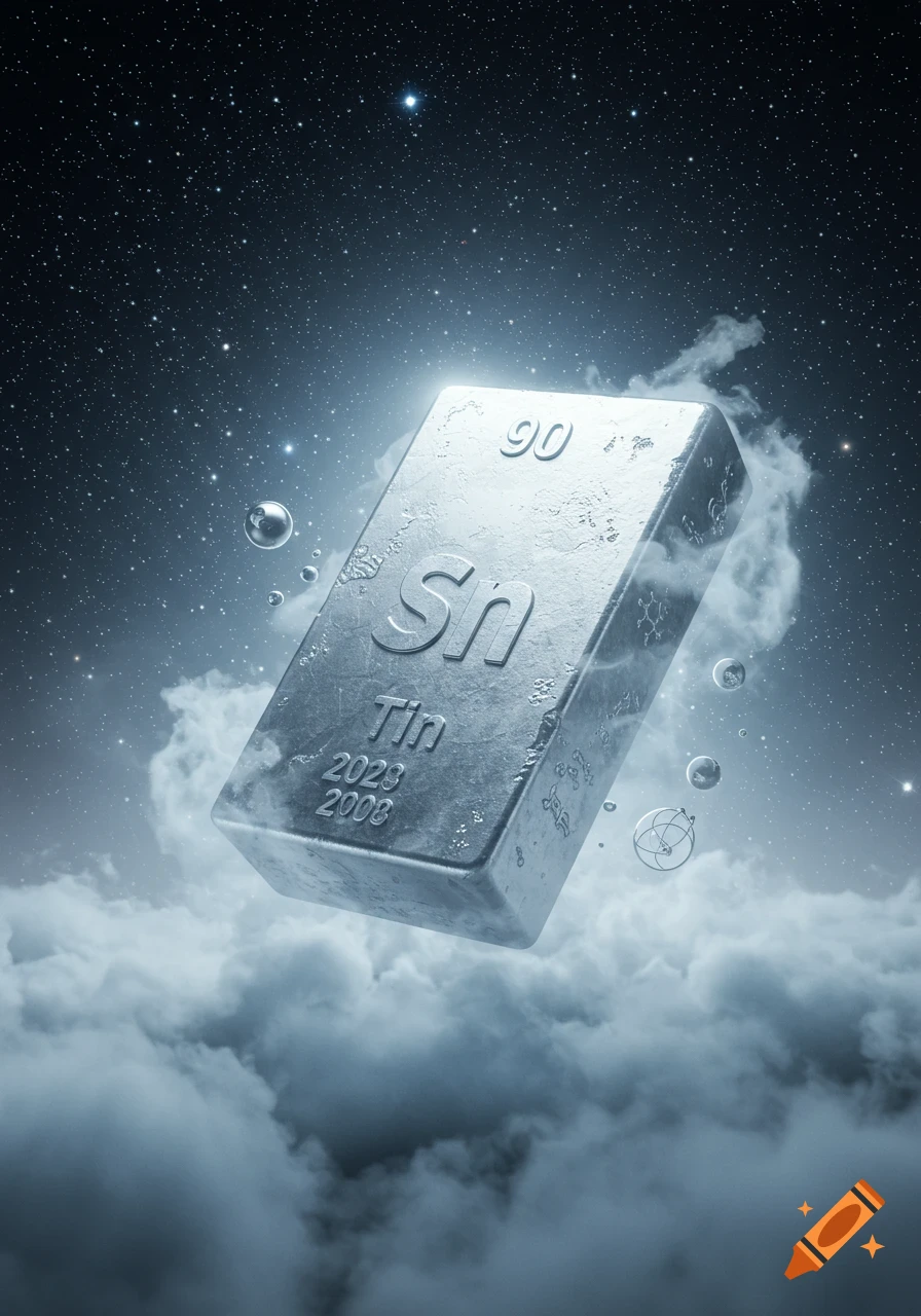 A glowing silver bar labeled 'Sn' and 'Tin' with the number '90' floats above clouds, surrounded by stars and atomic-like structures in space.