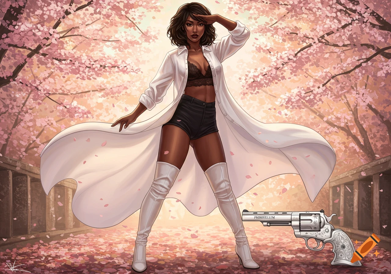 Stylized woman in an open white shirt, black bra, shorts, and white boots, standing among cherry blossoms with a revolver on the ground.