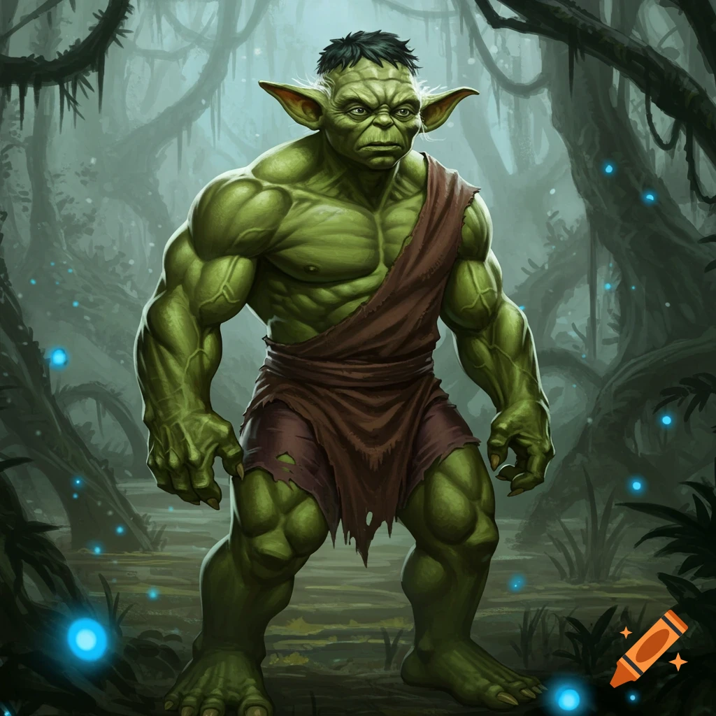 A muscular, green creature resembling a hybrid of Yoda and Hulk stands in a mystical, overgrown jungle with glowing blue lights.