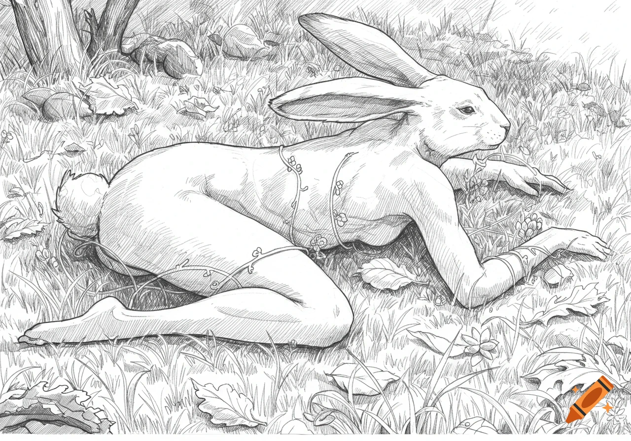A detailed line drawing of an elegant, fit female rabbit with a humanoid body lying in grass.