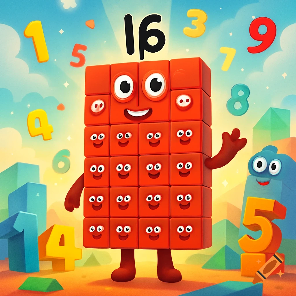 A cheerful red numberblock character made of 16 cubes stands amidst floating numbers and colorful geometric shapes.
