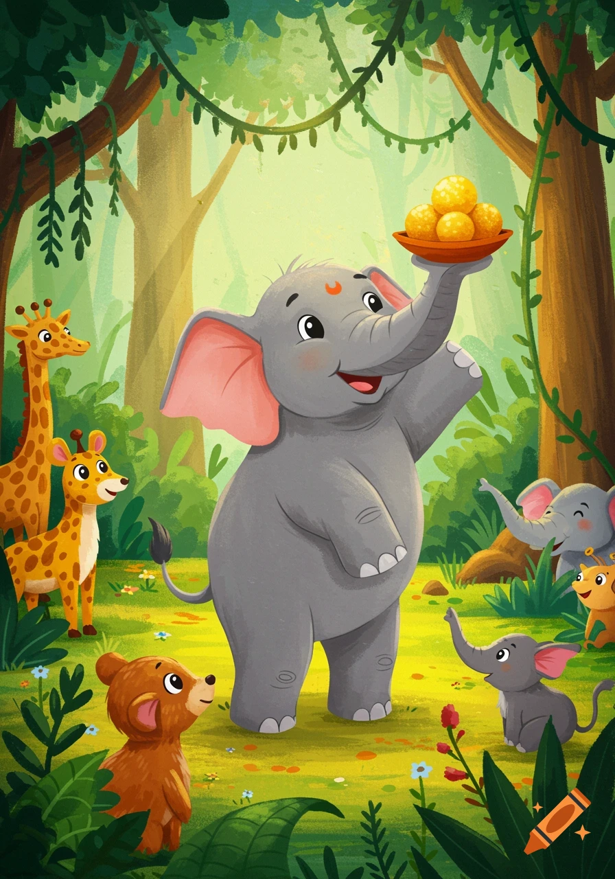 A vibrant children's illustration of a cartoon elephant holding ladoo with its trunk, surrounded by other jungle animals like giraffes and bears.