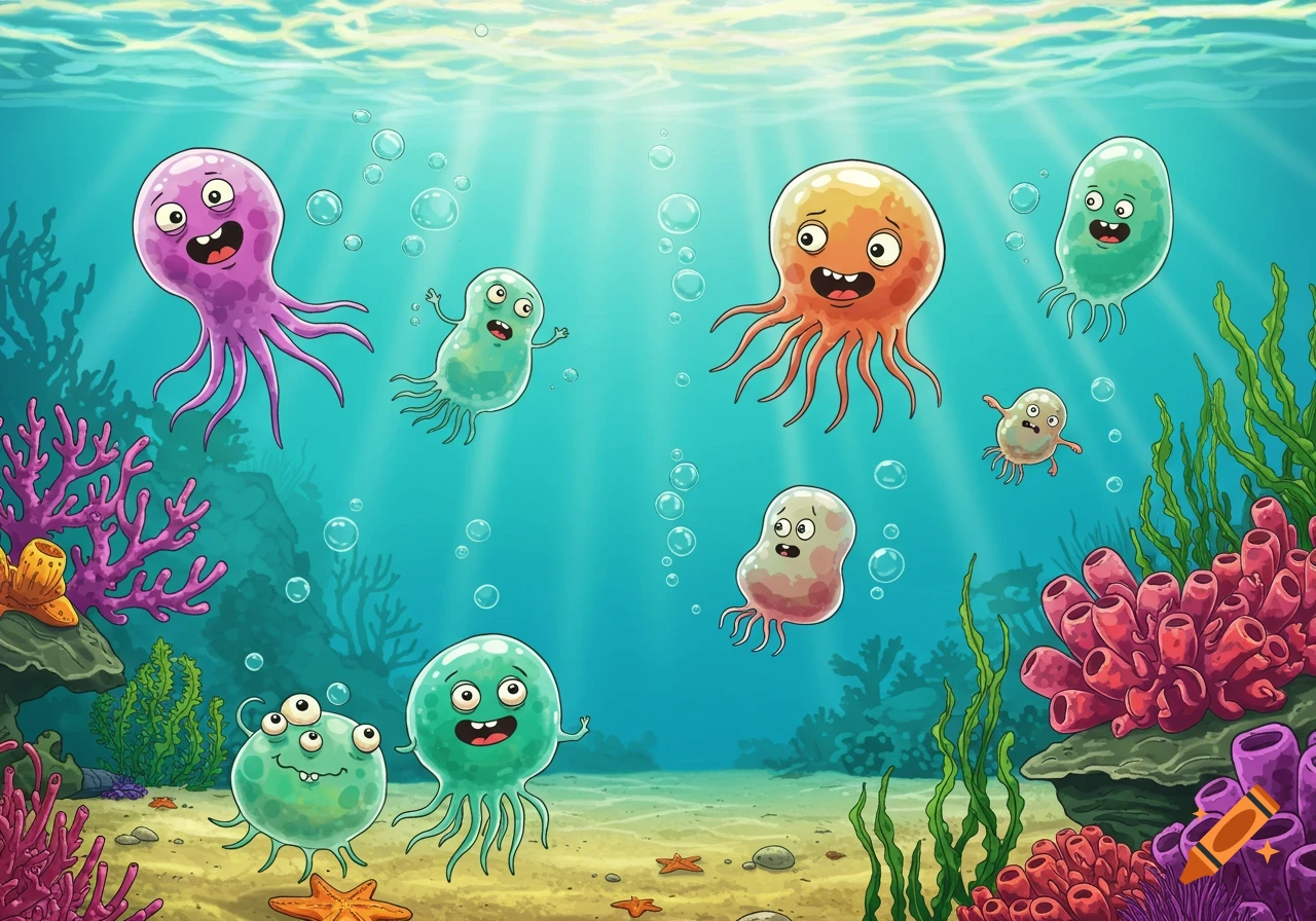 A vibrant cartoon underwater scene with goofy, colorful single-celled creatures, coral reefs, and bubbles.