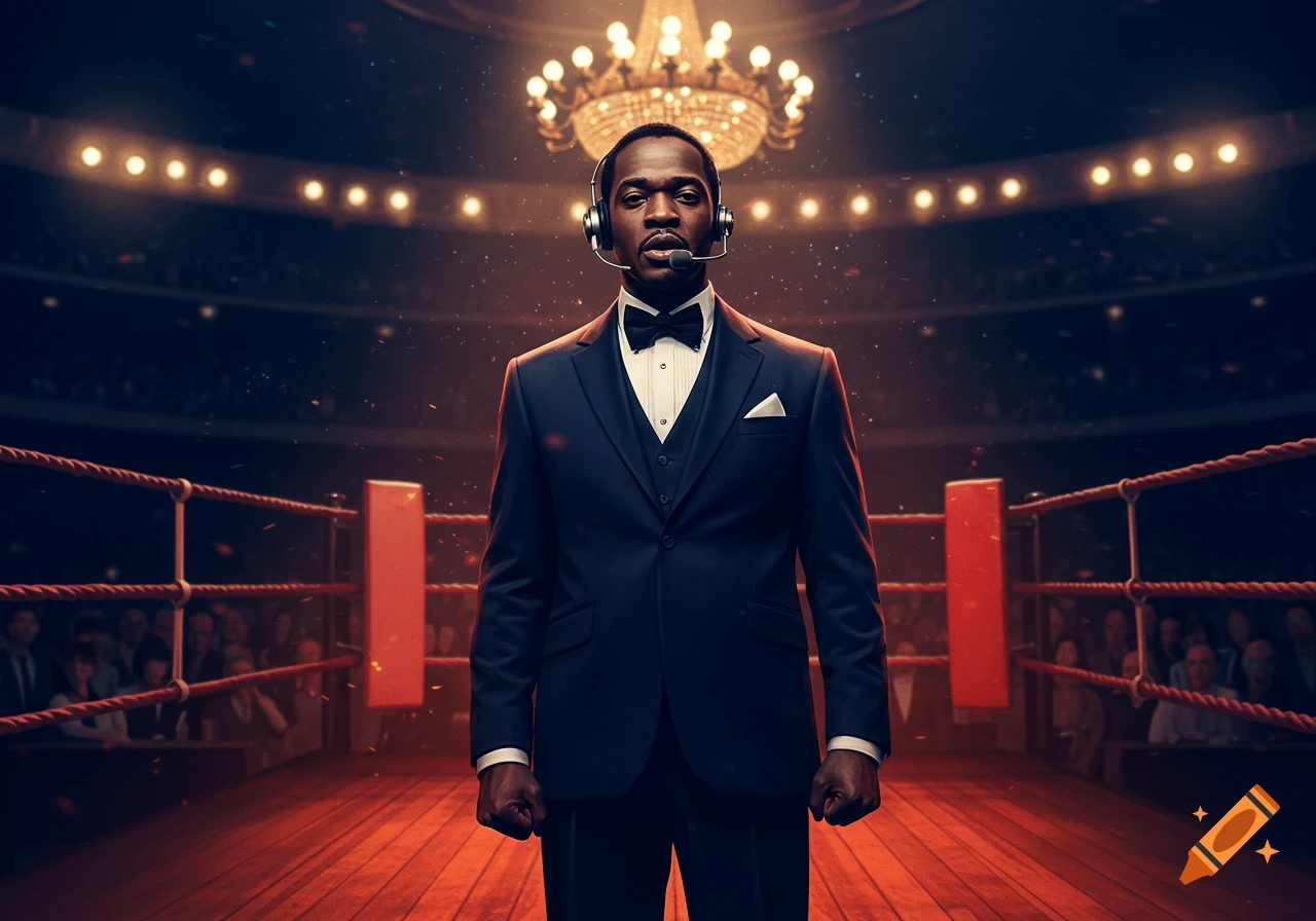 Photorealistic image of a man in a tuxedo and headset standing in the center of a boxing ring under a chandelier.