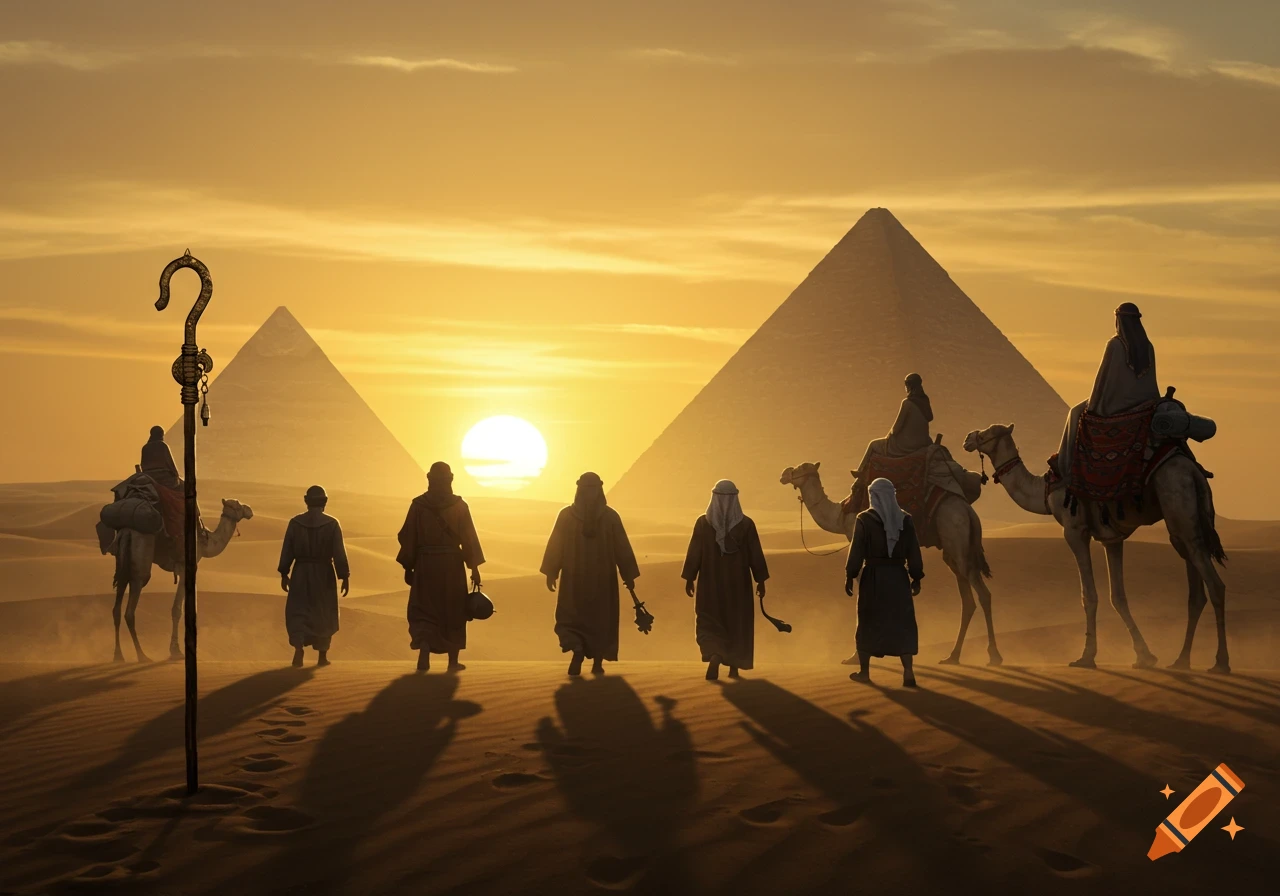 A group of people and camels journeying across a desert landscape towards two pyramids at sunset, silhouetted against an orange sky.