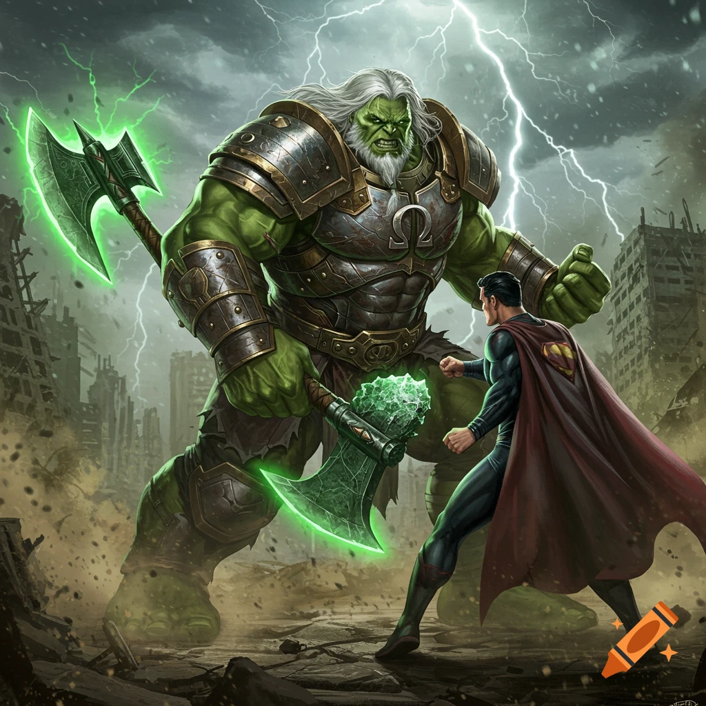 Hulk with white hair and armored chest, wielding glowing green axes, confronts Superman in a ruined city under a lightning storm, comic art style.