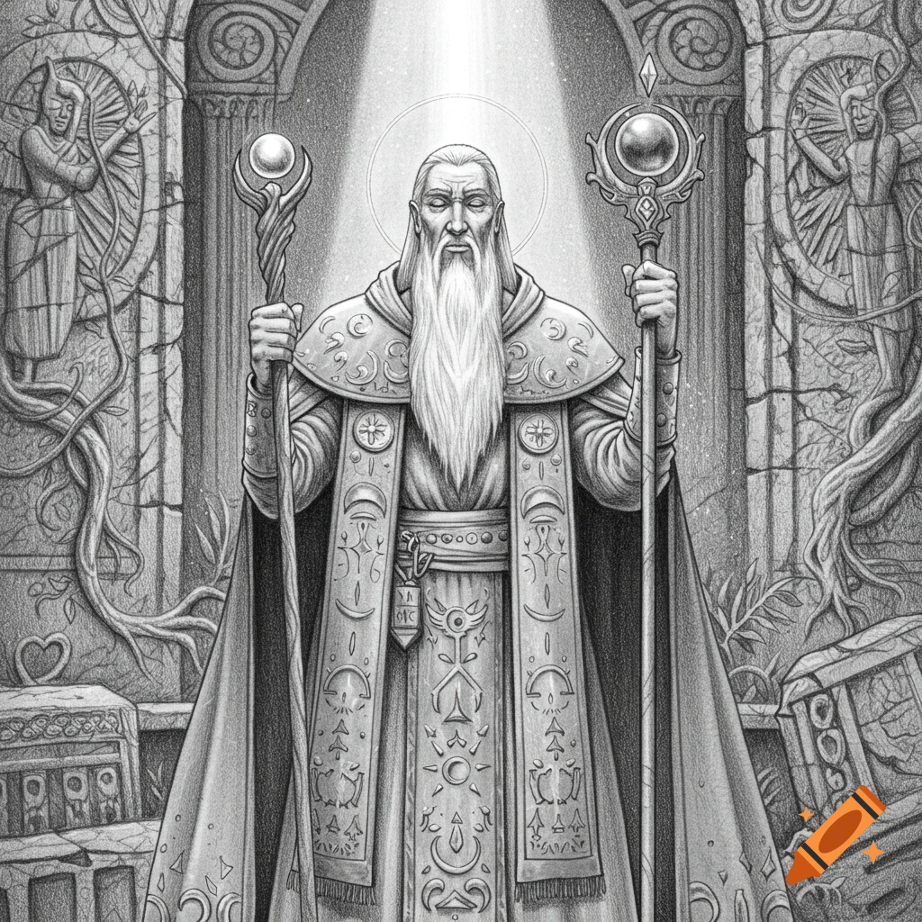 Pencil drawing of a wise, bearded fantasy cleric in ornate robes holding two staves, standing under a light ray in an ancient temple.