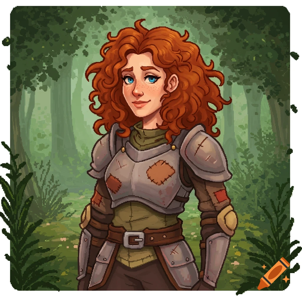 Pixel art portrait of a red-haired female warrior in patched armor, standing in a misty forest.