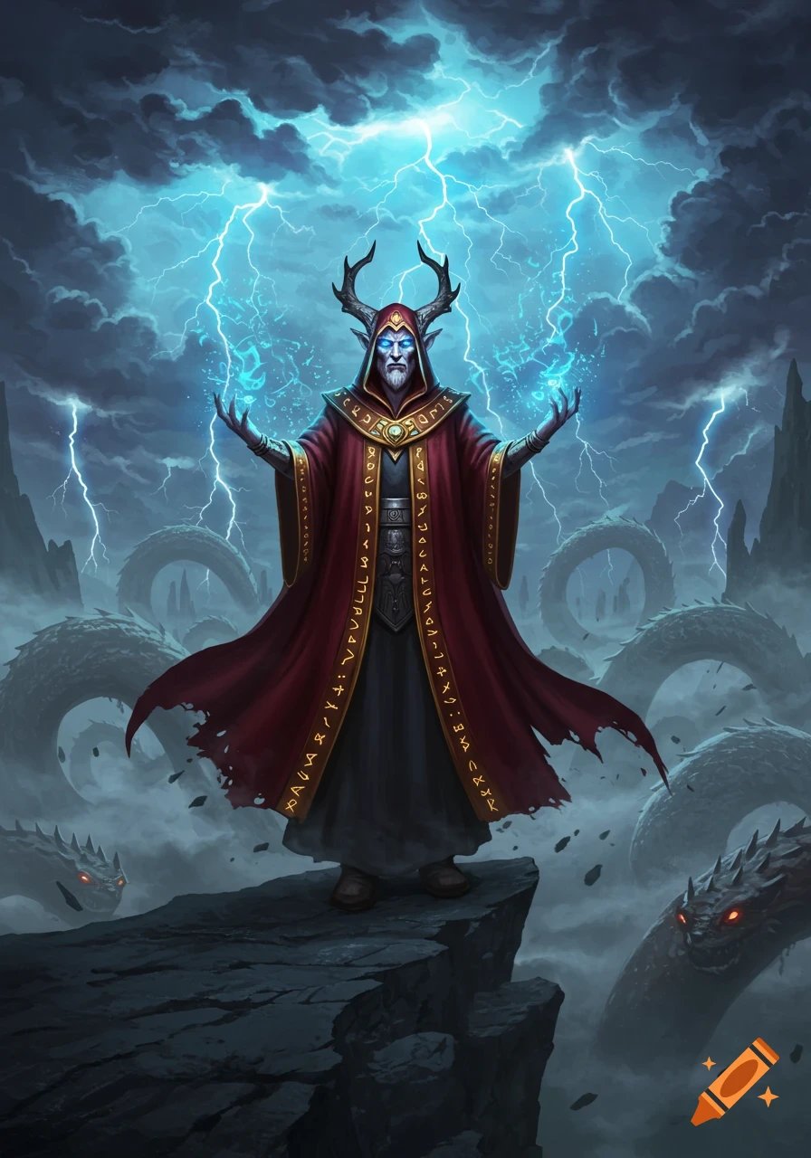 A horned wizard in a red robe casts lightning magic, standing on a cliff with dragons emerging from mist below, fantasy art.