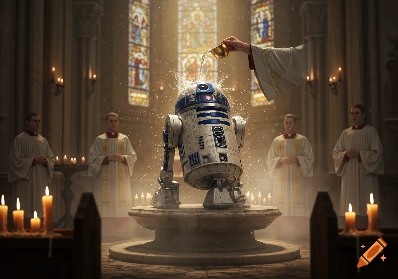 Photorealistic image of R2D2 getting baptized in a grand church, with a priest pouring water over its head. Other priests stand in the background, with stained glass windows and candles.