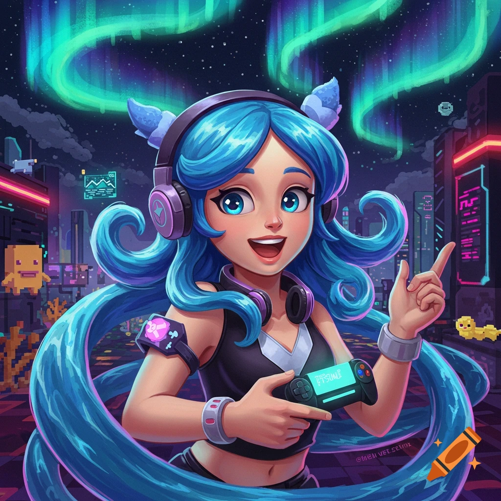 A blue-haired cartoon woman wearing headphones holds a game controller and points, set against a cyberpunk city with pixel art and Northern Lights.