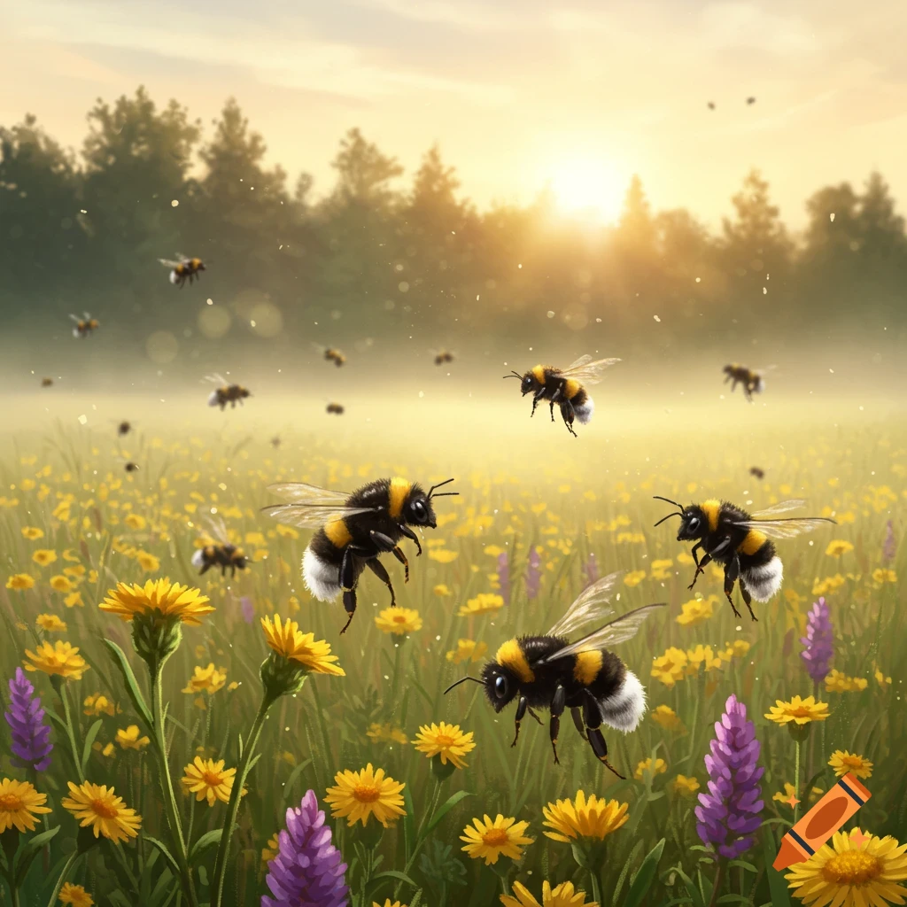 Bumblebees hover over a field of yellow and purple wildflowers at sunrise in a photorealistic illustration.
