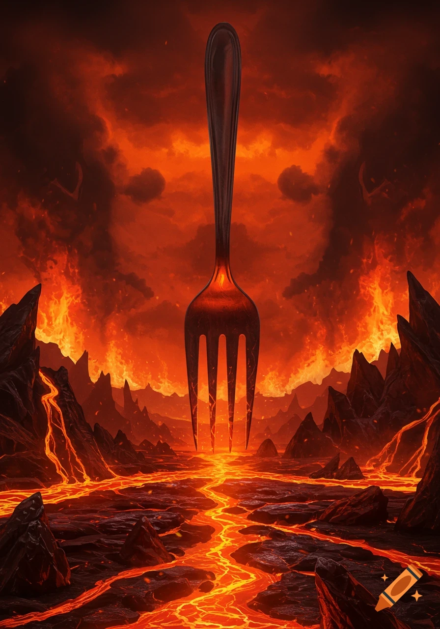 A giant, dark fork stands upright in a fiery, hellish landscape with rivers of glowing lava and dark, smoky skies.