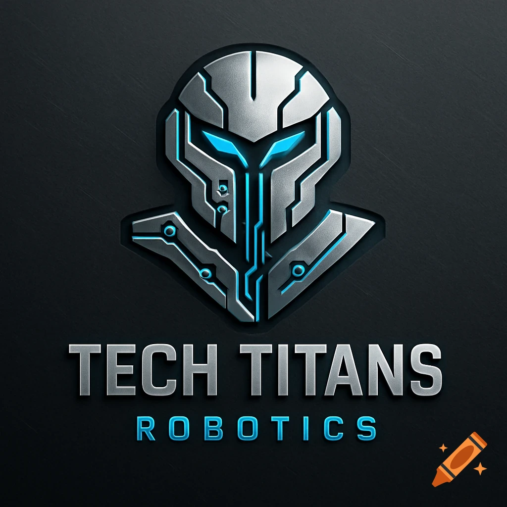 Stylized metallic robot helmet logo with glowing blue eyes, above "TECH TITANS ROBOTICS" text.