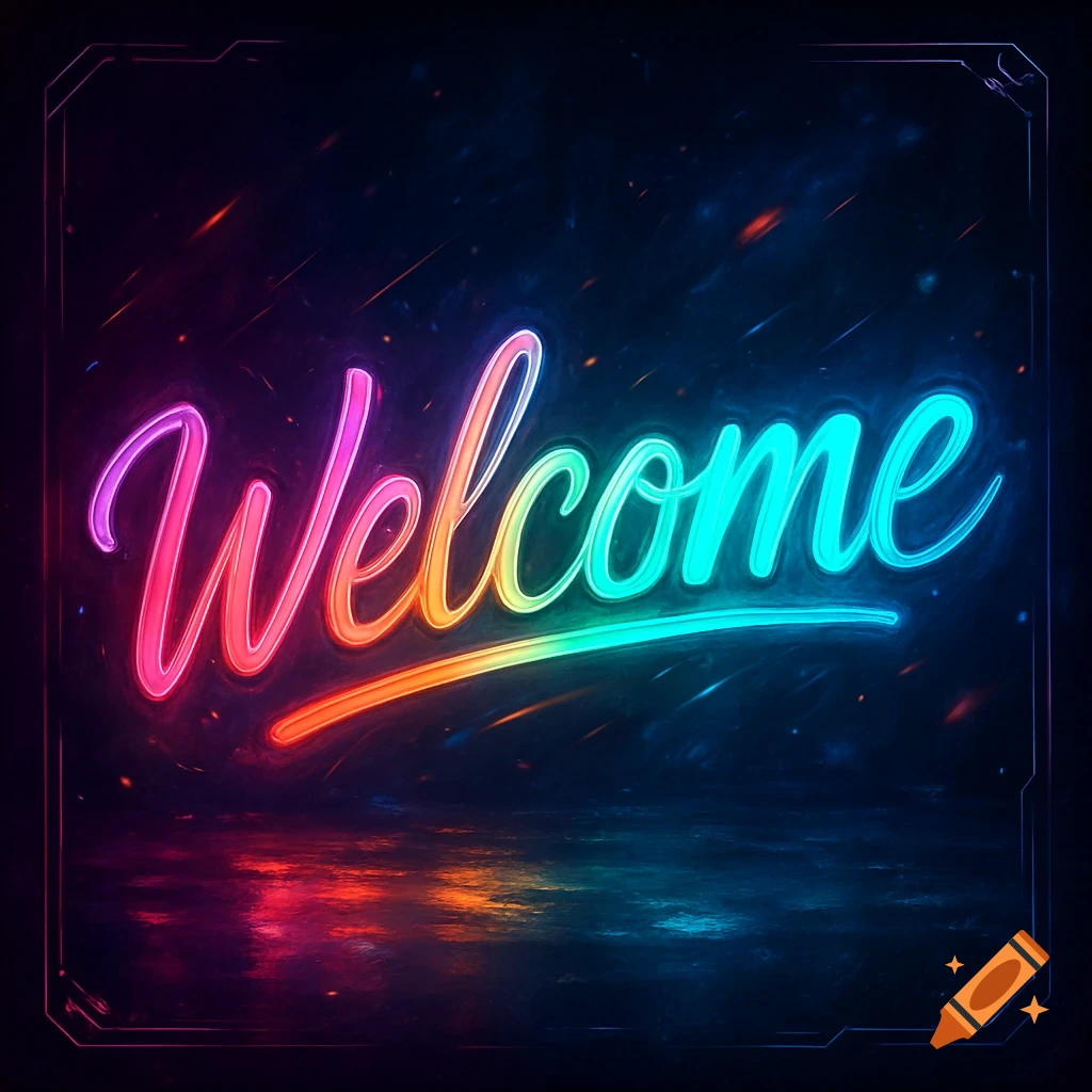 Vibrant neon sign spelling 'Welcome' in a script font, against a dark background with colorful reflections.