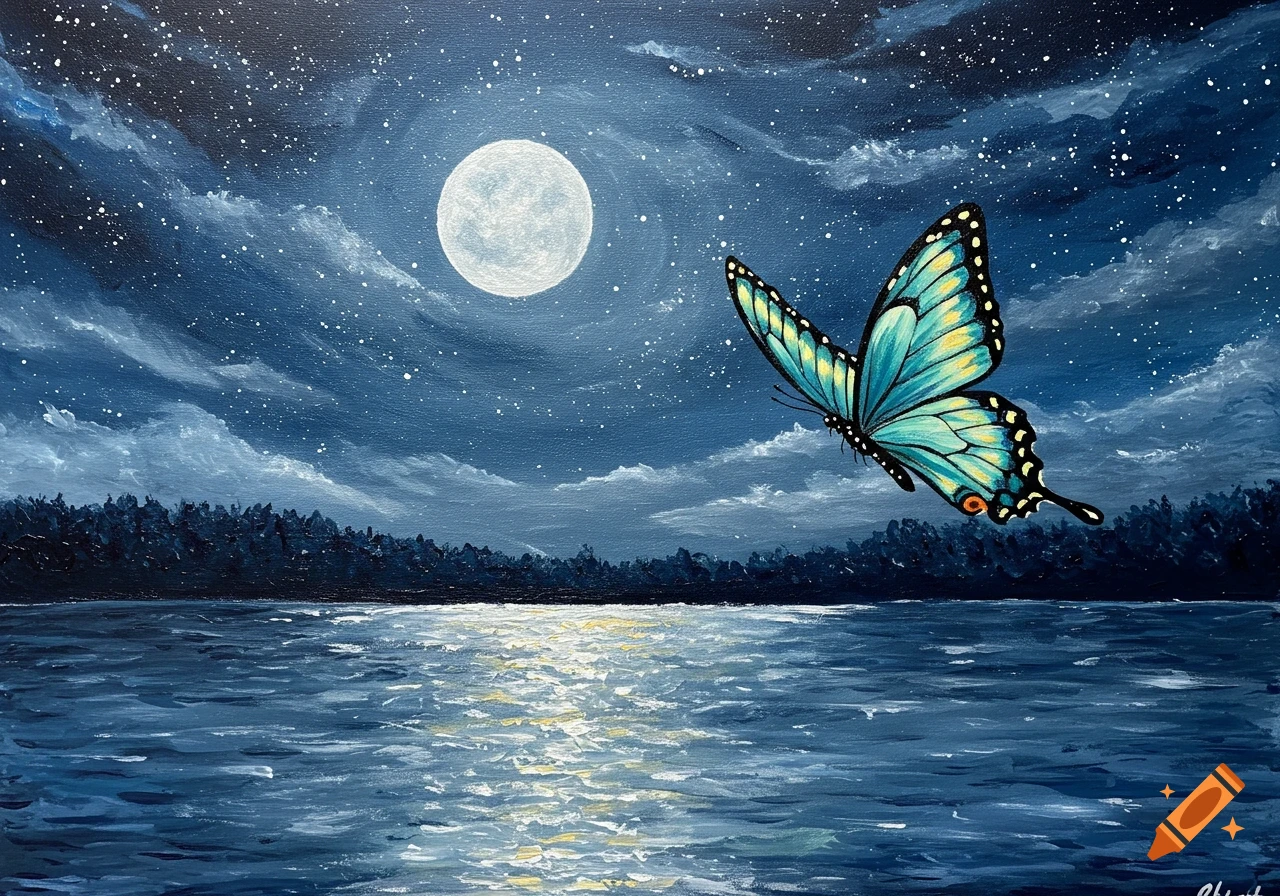 Acrylic painting of a vibrant teal butterfly under a full moon in a starry night, moonlight reflecting on water and trees.