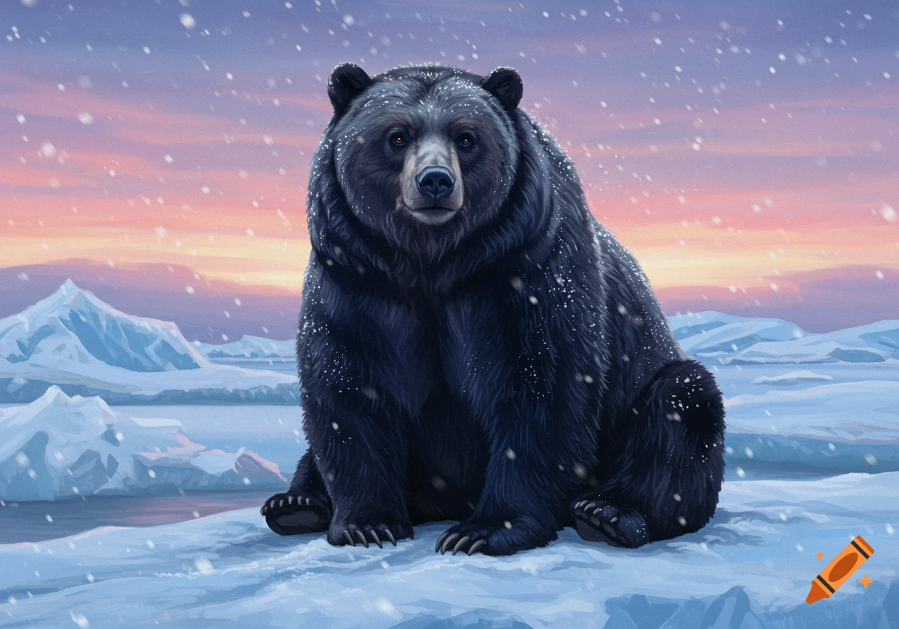 An illustration of a large black bear sitting in a snowy landscape with falling snow and mountains under a sunset sky.