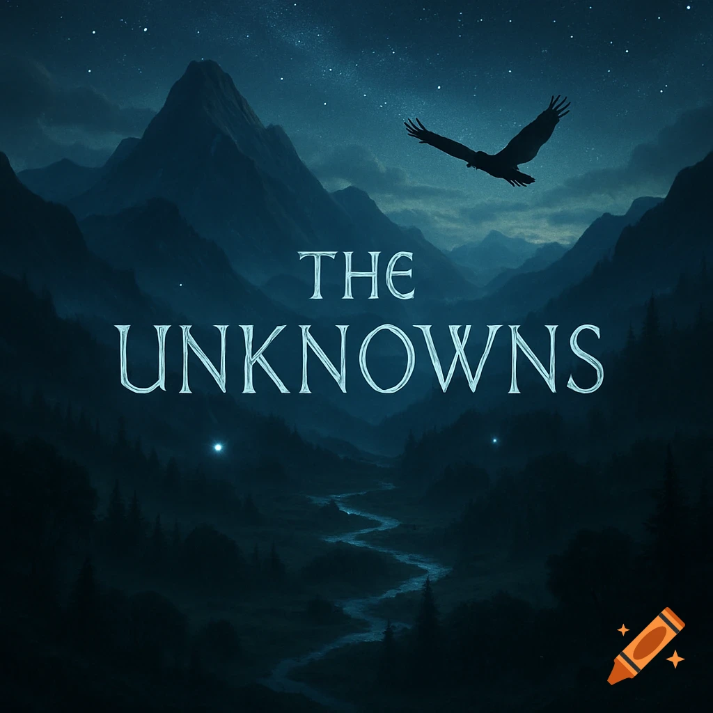 A dark, stylized mountain landscape under a starry night sky, with a river, a flying eagle, and the text 'THE UNKNOWNS'.