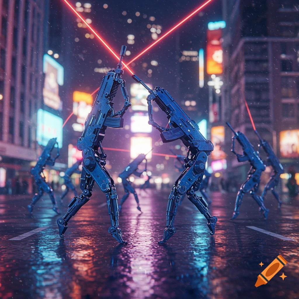Robotic gun-creatures with legs dance on a wet city street at night, illuminated by neon lights and red lasers.