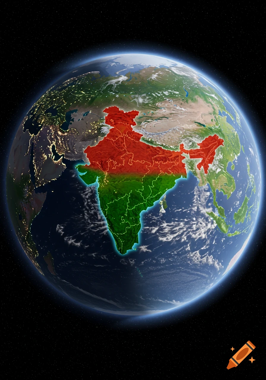 A detailed satellite view of Earth from space, with the country of India highlighted in red and green.