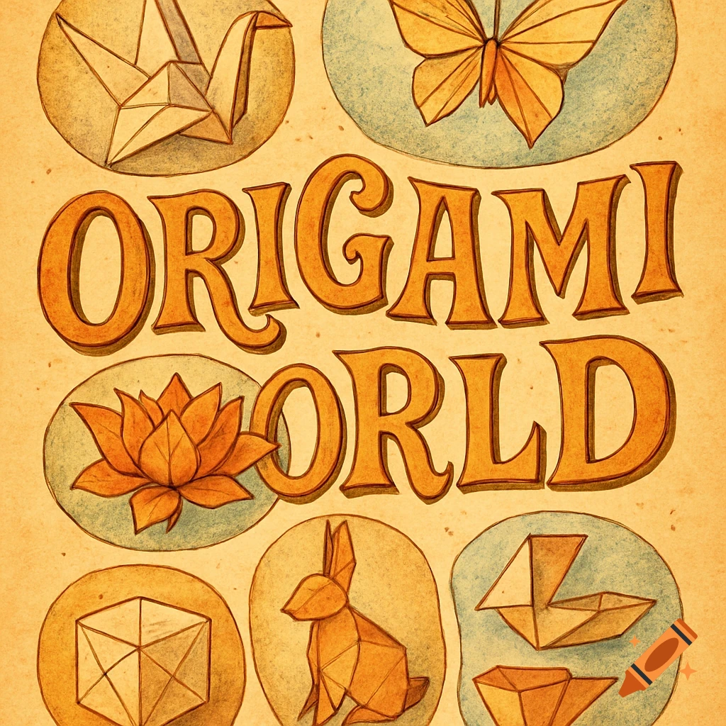 Hand-drawn 'ORIGAMI WORLD' text surrounded by circular vignettes of origami figures including a crane, butterfly, lotus, and rabbit, with a textured, warm aesthetic.