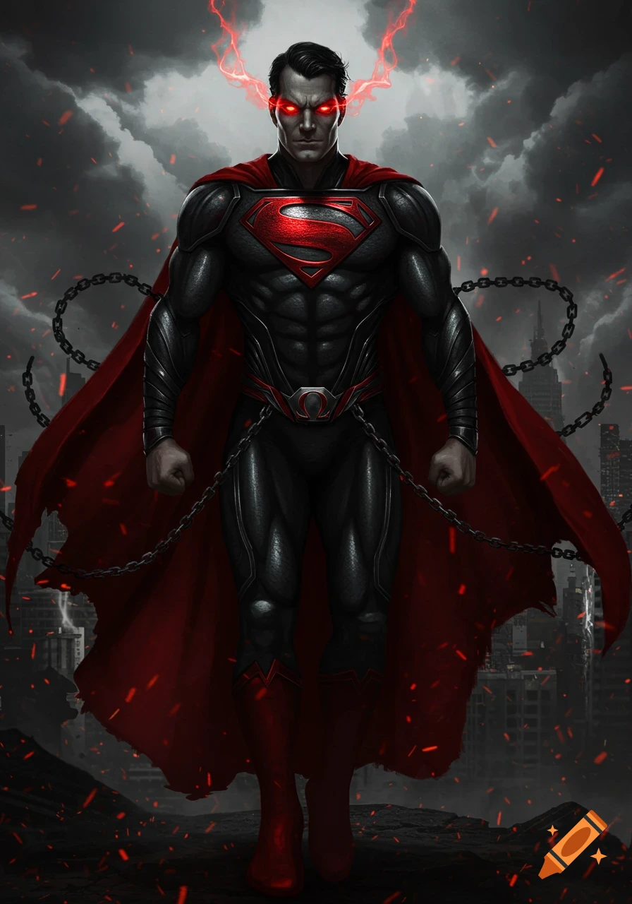 An evil Superman in a black suit with a red cape and symbol, glowing red eyes, against a stormy, ruined city background.