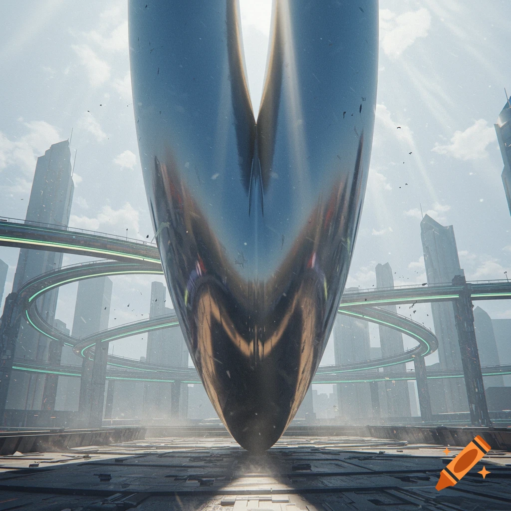 A large, reflective, metallic spindle-shaped object in the center of a futuristic city with glowing ring roads and tall skyscrapers.