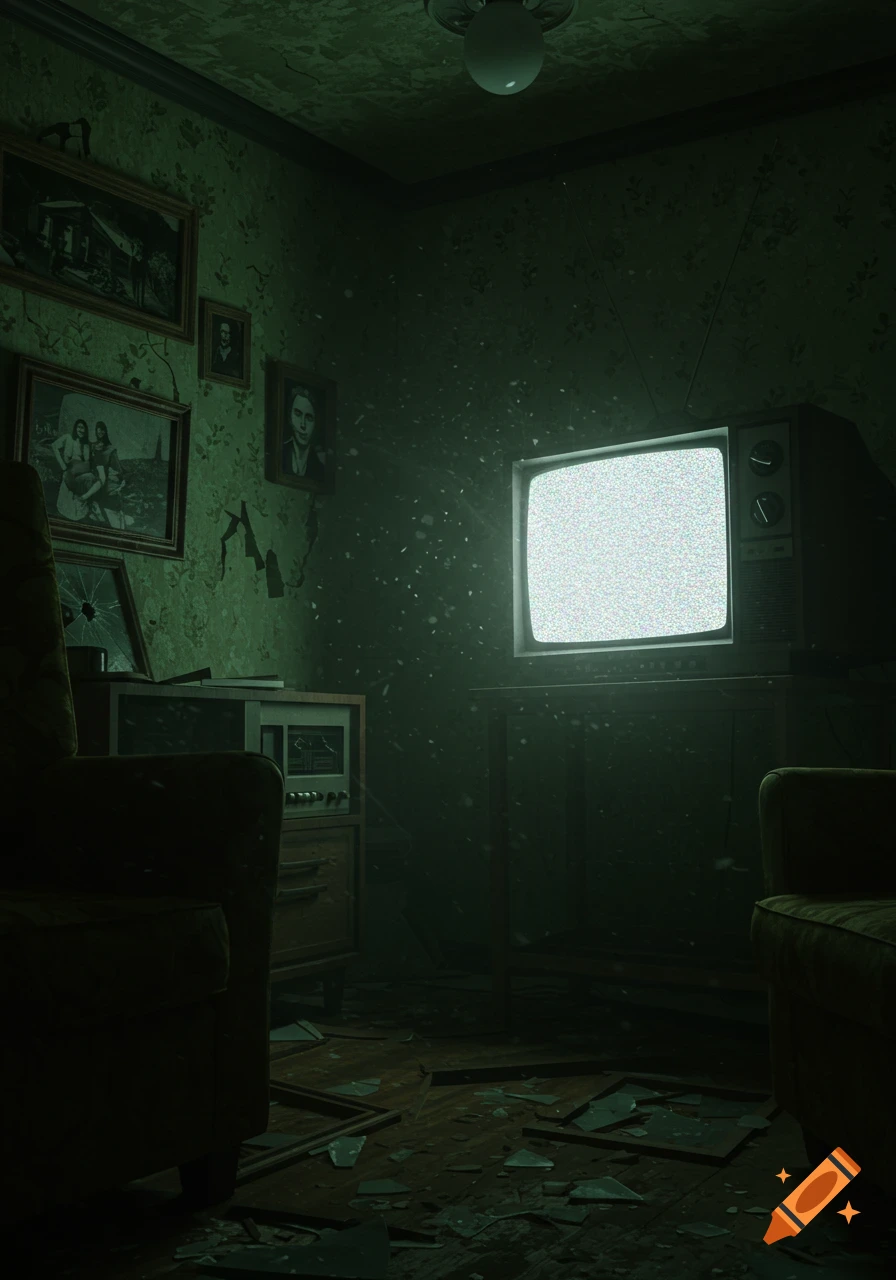 Dark, dilapidated room with a static TV, broken glass on floor, and old furniture, embodying an analog horror aesthetic.