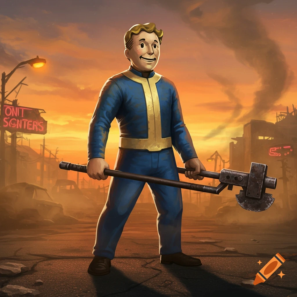 Vault Boy, in his blue and yellow suit, stands in a post-apocalyptic city at sunset, holding a large, custom melee weapon.