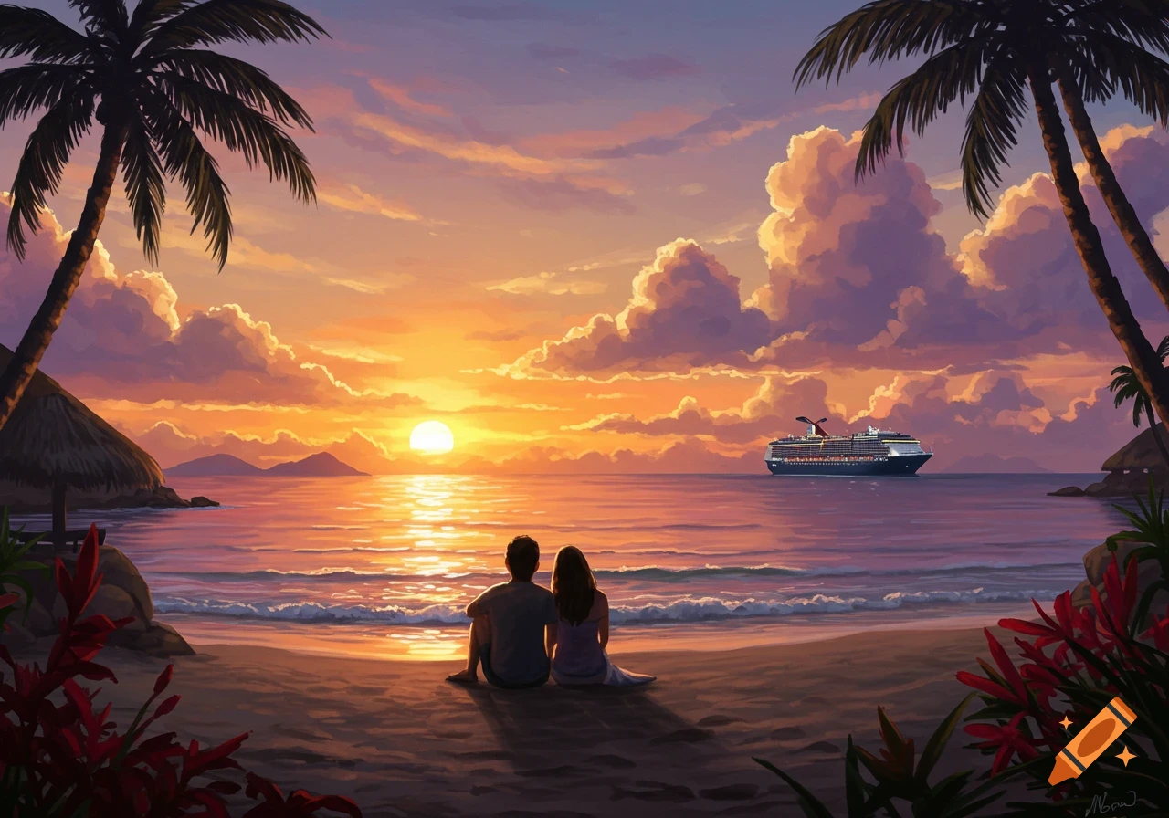 Illustration of a couple on a tropical beach watching a vibrant sunset over the ocean with a cruise ship.