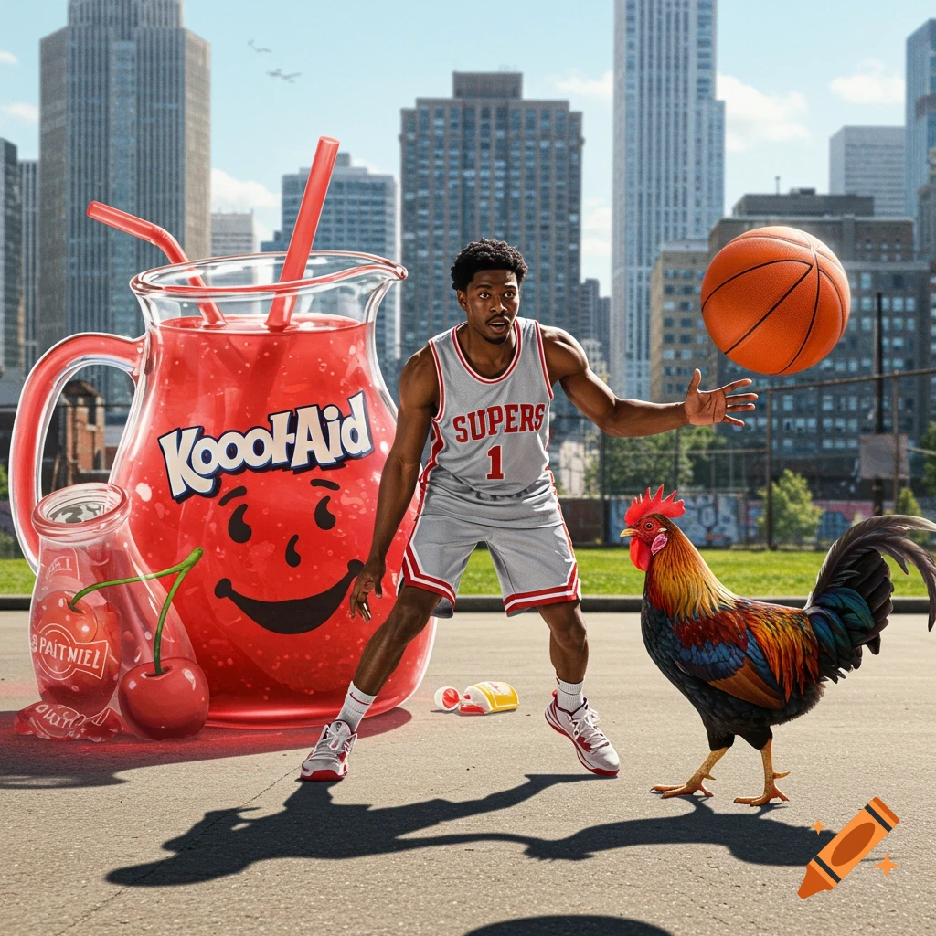 A basketball player dribbles next to a giant Kool-Aid pitcher, a cherry bottle, and a colorful rooster on an urban court with a city skyline.