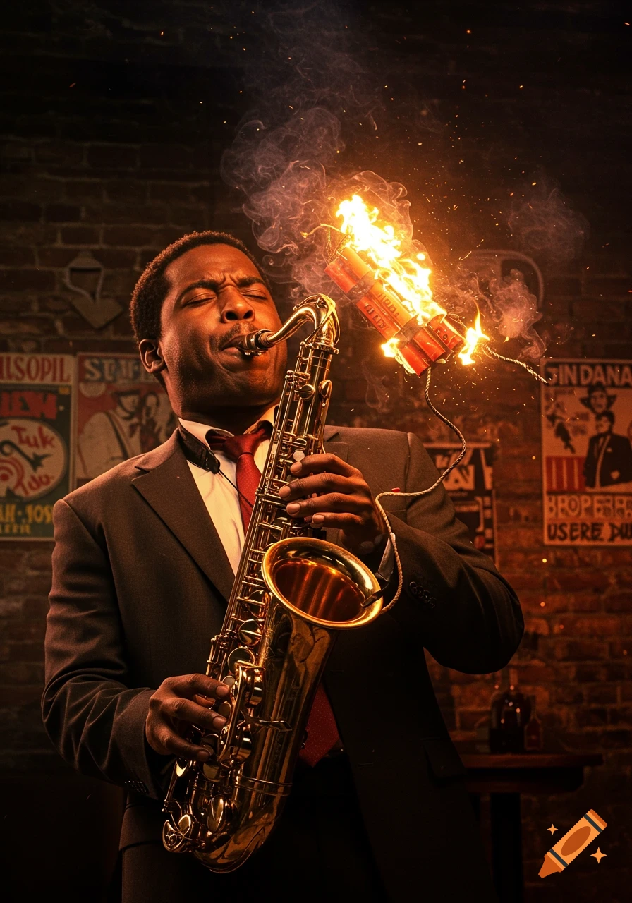 A man in a suit intensely plays a saxophone, with lit dynamite erupting in flames and smoke from its bell, in a dark, moody room.