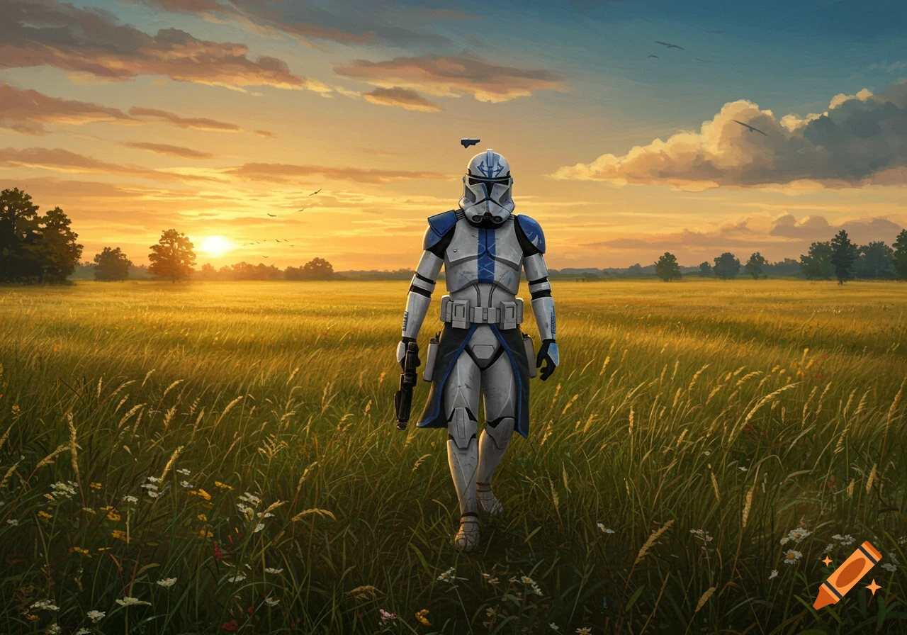A clone trooper in blue and white armor stands in a tall grassy field at sunset, holding a rifle.