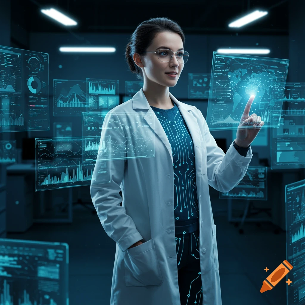 A female computer scientist in a lab coat interacts with multiple glowing holographic data displays in a high-tech lab.