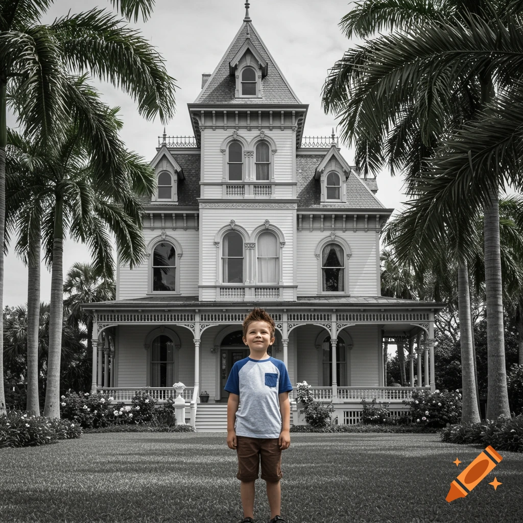 A smiling boy in a blue and white shirt and brown shorts stands on a lawn in front of a large black and white Victorian house with green palm trees.
