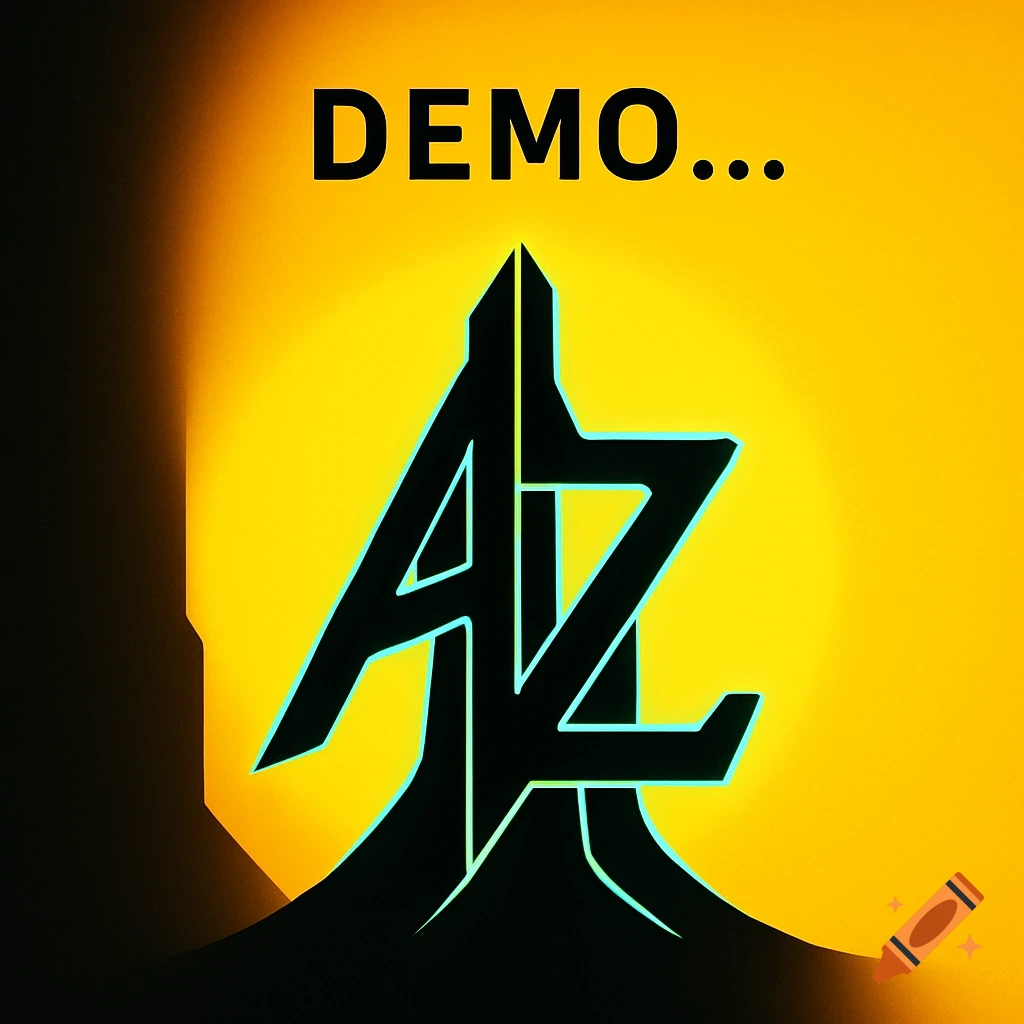 A stylized black 'AZ' logo with a cyan outline against a vibrant yellow background with a dark shadow on the left. The word 'DEMO...' is above the logo.