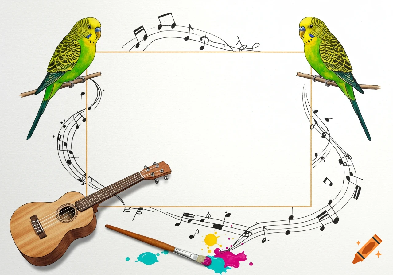 Illustration of two green and yellow parakeets on branches framing a blank space, surrounded by music notes, a ukulele, a paintbrush, and paint splatters on textured paper.